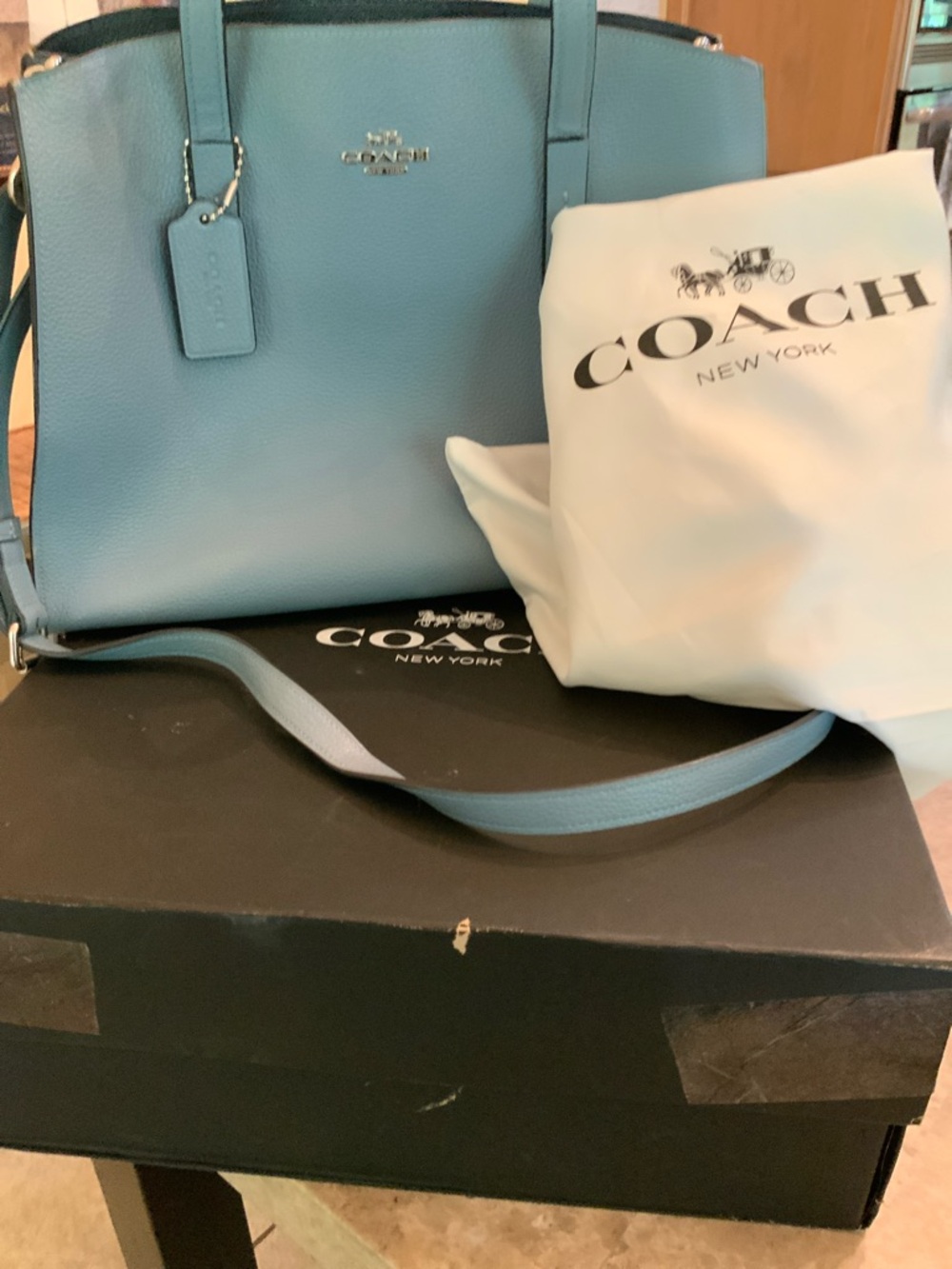Coach Charlie Pale Blue Pebbled Leather Tote with Removable Strap - Picture 2 of 16